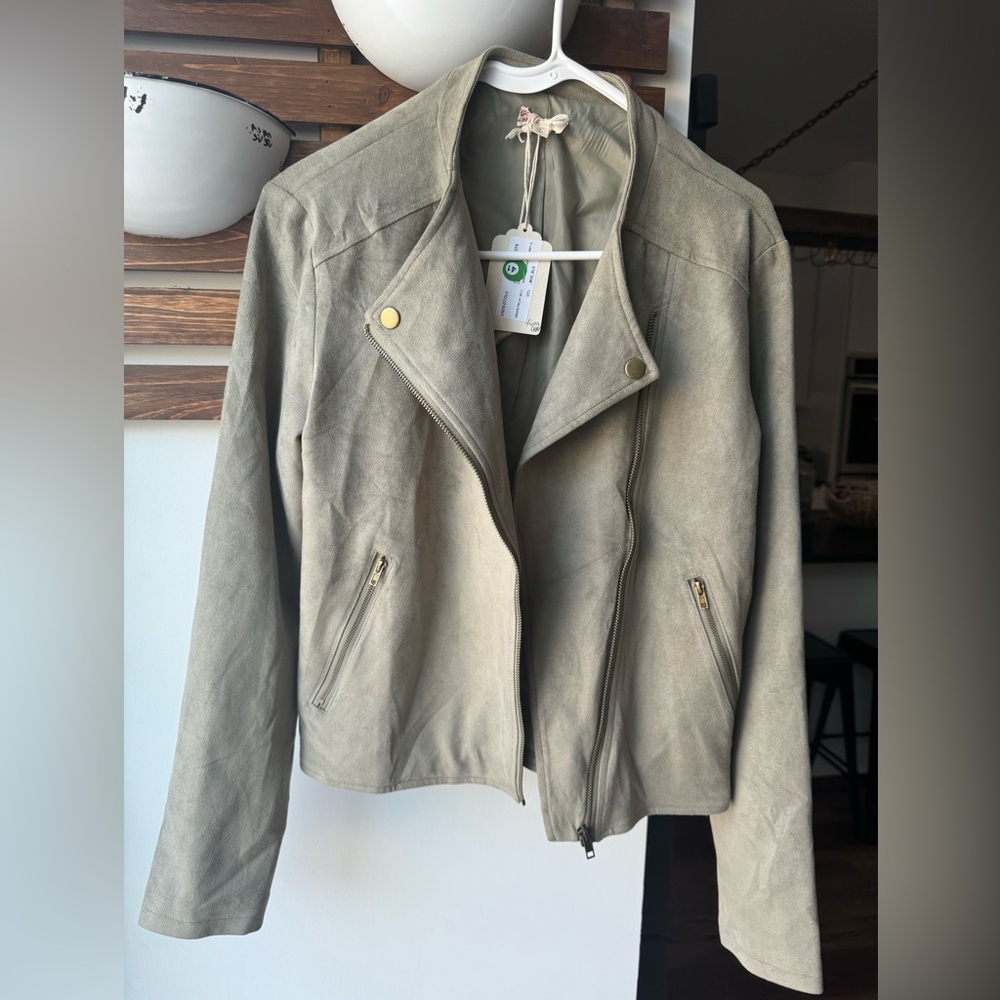 Nwt hem and thread suede moto jacket light olive drape front small